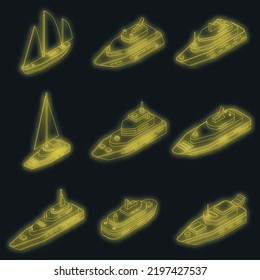 Yacht icons set. Isometric set of yacht vector icons neon color on black