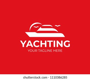 Yacht logo template. Boat with sun and birds vector design. Ship logotype