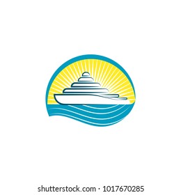 Yacht logo vector illustration with circle, sunshine and water wave on the background, travel agency concept