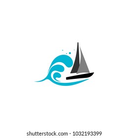 Yacht logo vector illustration with  water wave on the background, travel agency concept