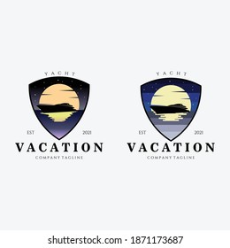 Yacht, Luxury Boat Ship Vacation Logo Vector Illustration Design Emblem