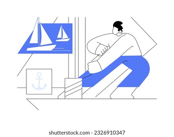 Ilustración vectorial de concepto abstracto de yates. El hombre realiza maniobras de navegación, el yate personal, el propietario del barco, el transporte de agua, el barco de lujo, la metáfora abstracta del vehículo marítimo.