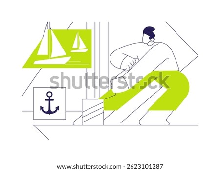 Yacht maneuvering abstract concept vector illustration. Man making tacking sailing maneuver, personal yacht, boat owner, water transport, luxury vessel, maritime vehicle abstract metaphor.