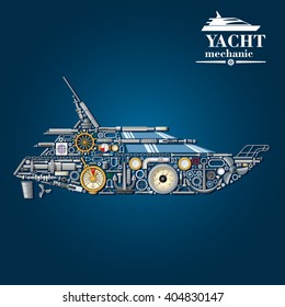 Yacht Mechanics Scheme With Motor Boat Formed Of Engine Parts And Anchor, Helm And Propeller, Rudder And Portholes, Engine Order Telegraph, Barometer And Handrail, Cabin Windows And Chainplates