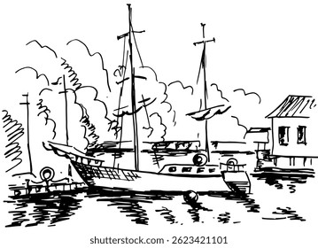 Yacht mooring and river bank landscape with house and trees. Hand drawn illustration, black and white vector.