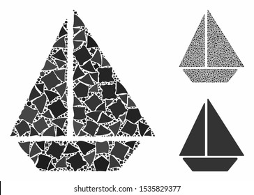 Yacht mosaic of abrupt pieces in different sizes and color tints, based on yacht icon. Vector ragged pieces are united into mosaic. Yacht icons collage with dotted pattern.