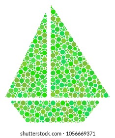 Yacht mosaic of circle elements in variable sizes and green color tones. Vector dots are united into yacht composition. Ecological design concept.