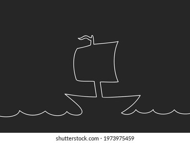 Yate en océano continuo dibujo de una línea simple doodle, vector gráfico ilustración lineal minimalista hecho de una sola línea blanca sobre fondo negro