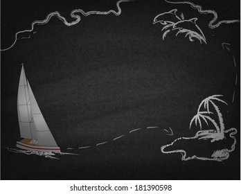 Yacht in ocean drawn on blackboard