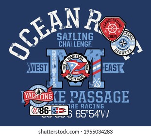 Yacht ocean offshore racing sailing challenge vintage vector print for children wear with applique patches