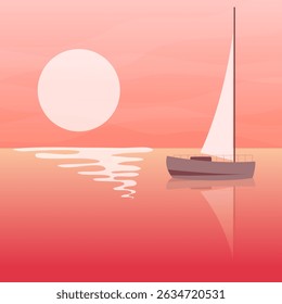 yacht in ocean with reflection in pink water, moon path