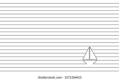 Yacht in ocean - striped background. Black and white line art vector