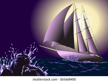 The yacht in the ocean, the waves and the moon