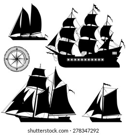 Yacht and old pirate ships - vector set