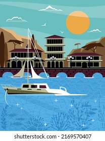 Yacht On The Background Of  A Coastal City. Vector Illustration.