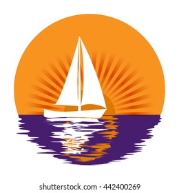 Yacht on a background of sun rays Logo