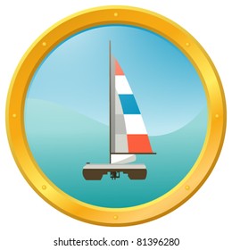 Yacht on a blue wavy background, surrounded by a porthole