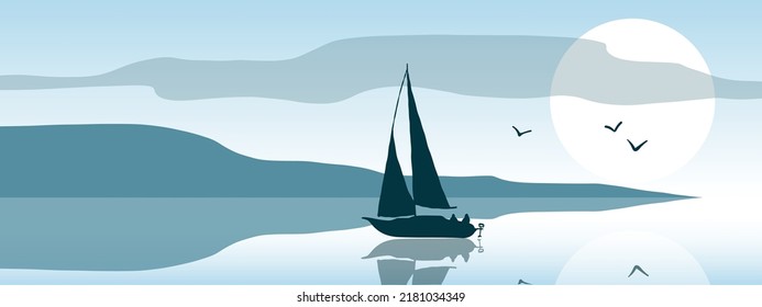 yacht on the lake with seagulls summer landscape, vector banner, digital background