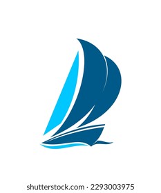 Yacht on sails icon, boat or sailboat and marine regatta, yachting club vector symbol. Sea cruise, nautical sport tourism and yacht sailing adventure team badge of yacht sailing on water wave line