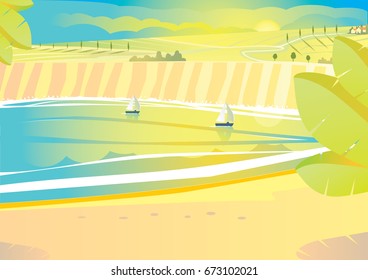 Yacht on the sea, sunny summer landscapes. Vector illustration