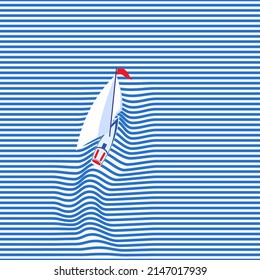 Yacht on the sea wave. Vector illustration of a yacht with sails located on the crest of a sea wave. Sketch for creativity.
