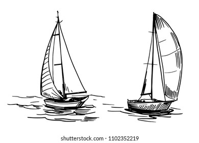 Yacht on the water. Hand drawn outline illustration converted to vector.