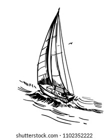 Yacht on the water. Hand drawn outline illustration converted to vector.