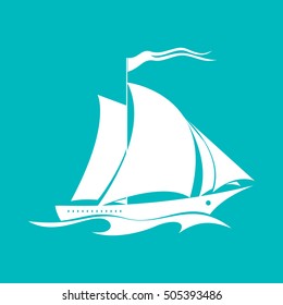 Yacht on the Waves, Sailing Vessel Isolated on Green Background, Travel Concept , Vector Illustration 