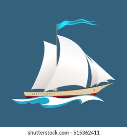 Yacht on the Waves, Sailing Vessel at Sea, Travel Concept , Vector Illustration
