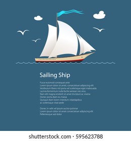 Yacht on the Waves, Sailing Vessel at Sea and, Travel Concept , Poster Brochure Flyer Design, Vector Illustration  