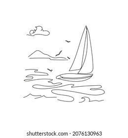 Yacht on the waves, summer time drawing in line art style. Black linear sketch isolated on white background. Vector illustration, concept for logo, label, symbol, card, banner, poster, flyer etc.