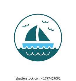yacht on the waves surrounded by seagulls simple vector image in a circle