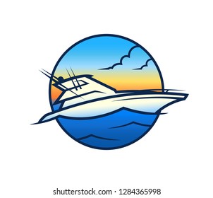 Yacht on waves - VIP boat round icon