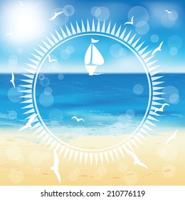 Yacht in the open sea in the circle frame.