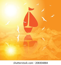 Yacht in the open sea at sunset.