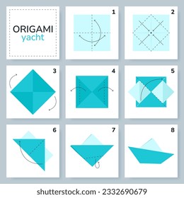 Yacht origami scheme tutorial moving model. Origami for kids. Step by step how to make a cute origami yacht. Vector illustration.