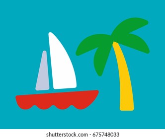 Yacht and palm, sea tropical tourist card in flat style vector illustration
