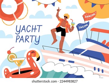 Yacht party composition with collage of flat sailing boat images decorations dancing guy and editable text vector illustration