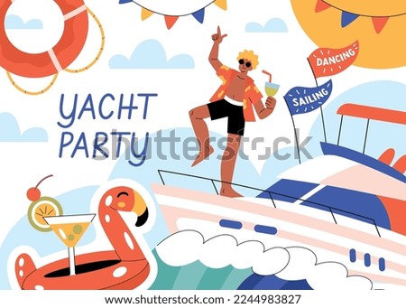Yacht party composition with collage of flat sailing boat images decorations dancing guy and editable text vector illustration