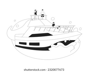 Yacht party monochrome vector spot illustration. Friends in swimwear luxury yachting 2D flat bw cartoon characters for web UI design. Summer. Sailboat in ocean isolated editable hand drawn hero image