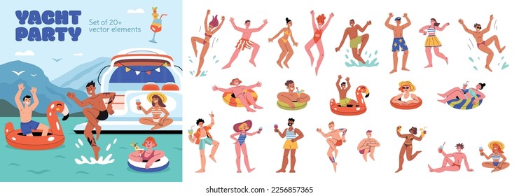 Yacht party set with flat isolated compositions of relaxing people with rubber rings cocktails wearing sunglasses vector illustration