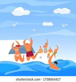 Yacht Party In Summer, Sea Luxury Vacation Vector Illustration. Luxury Ocean Travel At Ship Boat, Holiday Adventure. Man Woman People Character In Tropical Fun Cruise, Happy Sun Leisure.