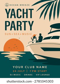 Yacht Party. Vector retro poster featuring a yacht, silhouettes of people, leaves, sunset. Space for text and information. Perfect for summer designs, events, parties, travel advertising