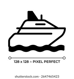 Iate pixel perfeito glifo ícone sólido. Navegando barco de luxo no mar. Viagens aquáticas em embarcações de recreio. Transporte marítimo. Símbolo de silhueta preta no espaço negativo. Ilustração isolada de vetor