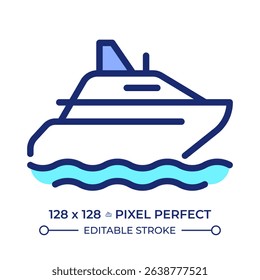 Yacht pixel perfect line color icon. Sailing luxury boat in sea. Pleasure craft water travel. Maritime transportation. Isolated vector illustration. Flat colorful symbol design. Editable stroke