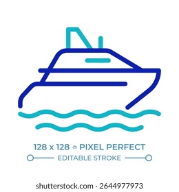 Yacht pixel perfect two color line icon. Sailing luxury boat in sea. Pleasure craft. Maritime transportation bicolor outline symbol. Duotone linear pictogram. Isolated illustration. Editable stroke