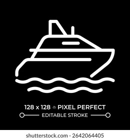 Yacht pixel perfect white line icon in negative space. Sailing luxury boat in sea. Pleasure craft travel. Maritime transportation. Monochrome linear symbol on black background. Editable stroke