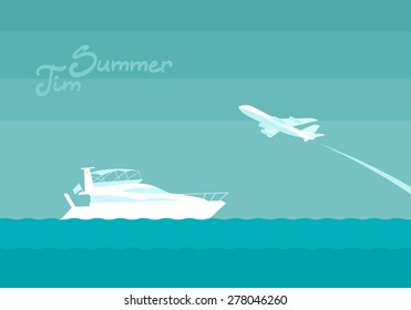 The yacht and the plane. Summer time. Vector illustration