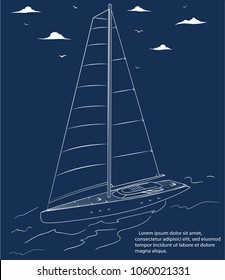 Yacht race poster design with sail boat sketch. Luxury yacht vessel hand drawn vector illustration. Sea sailing regatta banner, nautical worldwide traveling.
