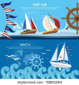 Yacht racing banner, sailing regatta. Water sports Nautical school. Sailing in the wind through the waves 